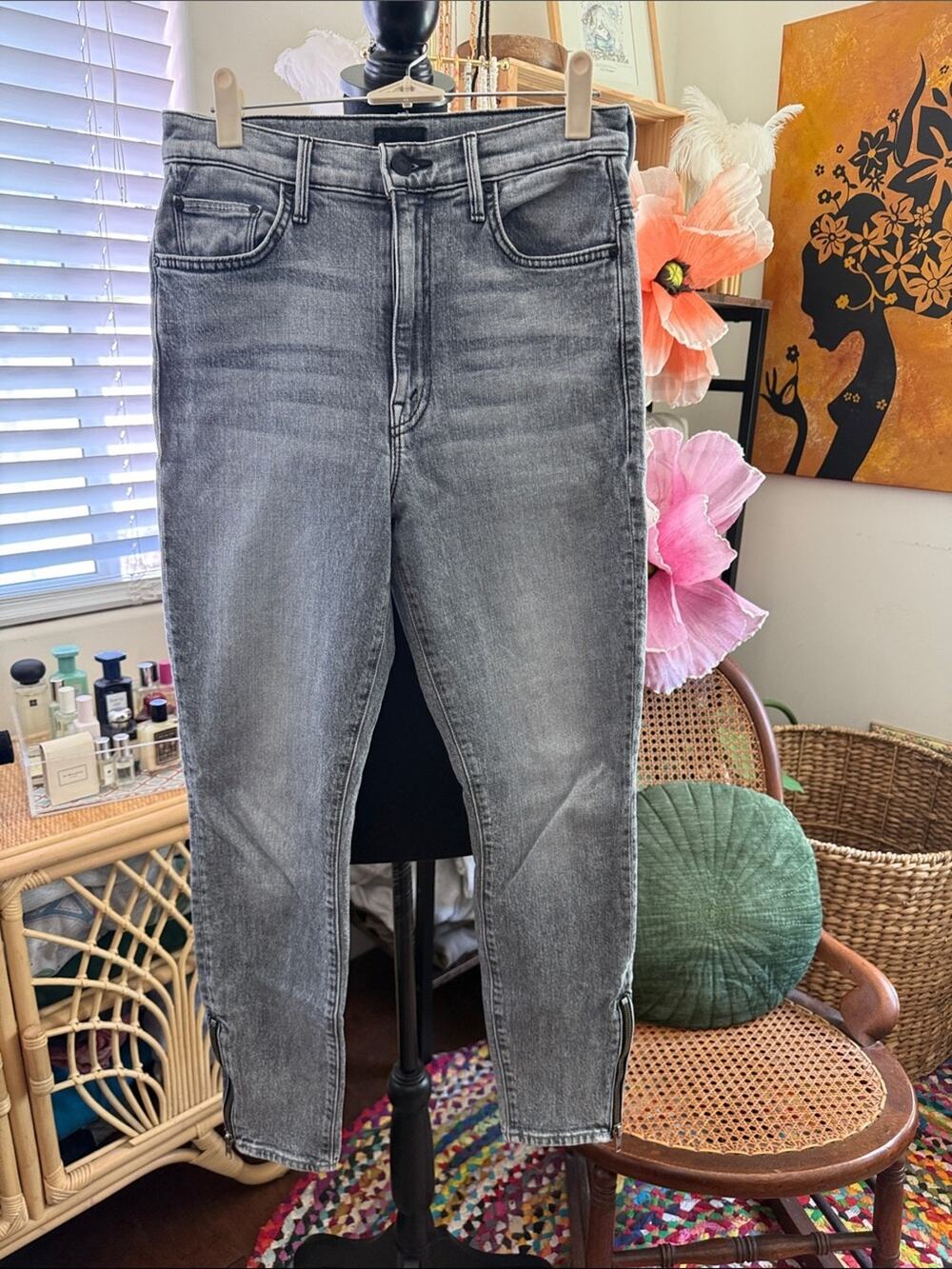 Mother The Swooner Ankle Zip Gray Static Wash Zip Fly Denim Jeans
